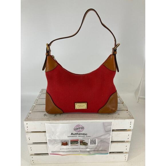 MICHAEL KORS, LARGE RED CANVAS, BROWN LEATHER SHOULDER BAG - Picture 1 of 16